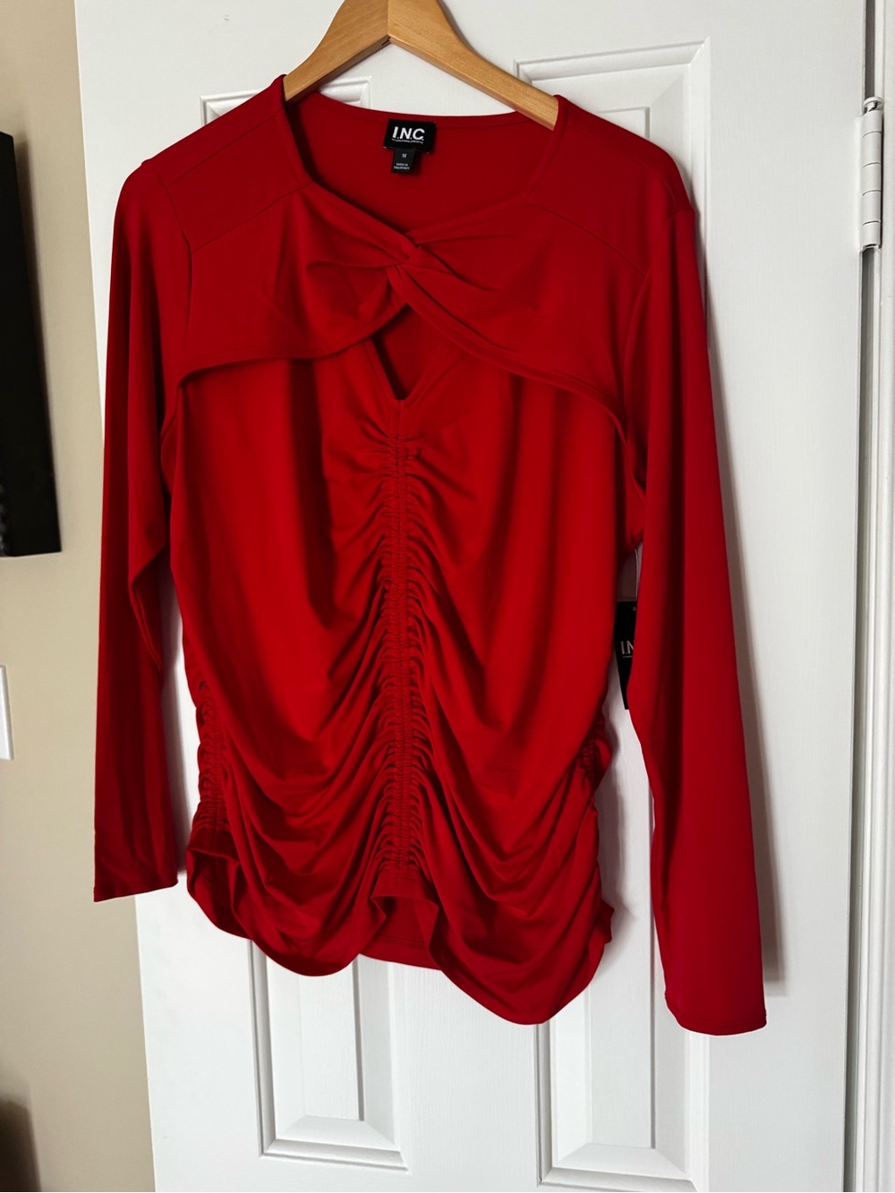 INC International Concepts Red Ruched Long Sleeve Twist-Front Top